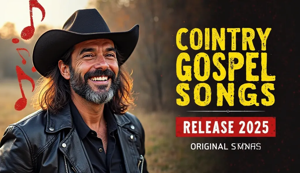 Image is a promotional poster featuring a man playing an acoustic guitar. The style is vibrant and engaging, with a focus on country music themes. The man has a medium skin tone, a beard, and long hair, wearing a black leather jacket and a cowboy hat. He i...