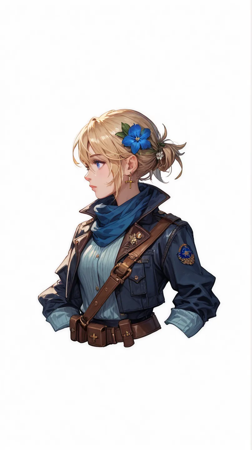 chica, blonde, blue eyes,  hair tied,  flower in the hair ( Celeste), navy blue jacket details in gold, has a silver cross on the lapel of the jacket (), blue scarf, full body foot skirt, long pants,  brown leather boots , brown messenger bag. 