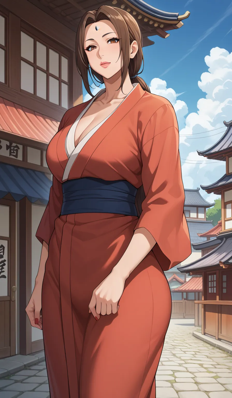 ((masterpiece)), 最high quality, very well detailed,  Masterpiece with natural light, best quality, detailsつなで,hidden hair,Alone,mature,chest,large chest,chest元,brown eyes,forehead mark,facial_mark, collarbone, kimono,long hair,mature female,makeup, lips,re...