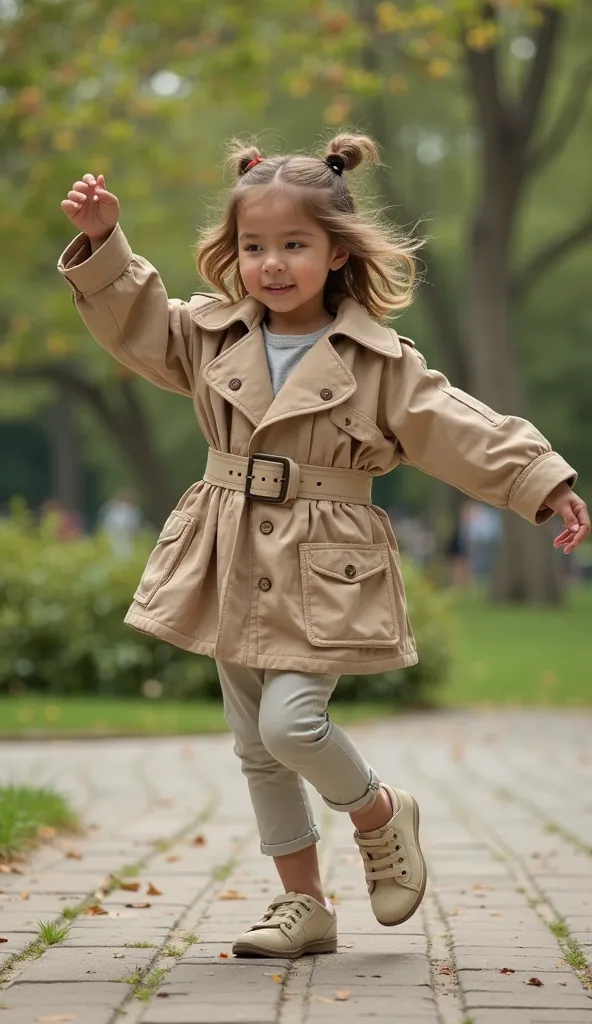 A baby real girl wearing margiela belt jacket and dancing  in park full view 