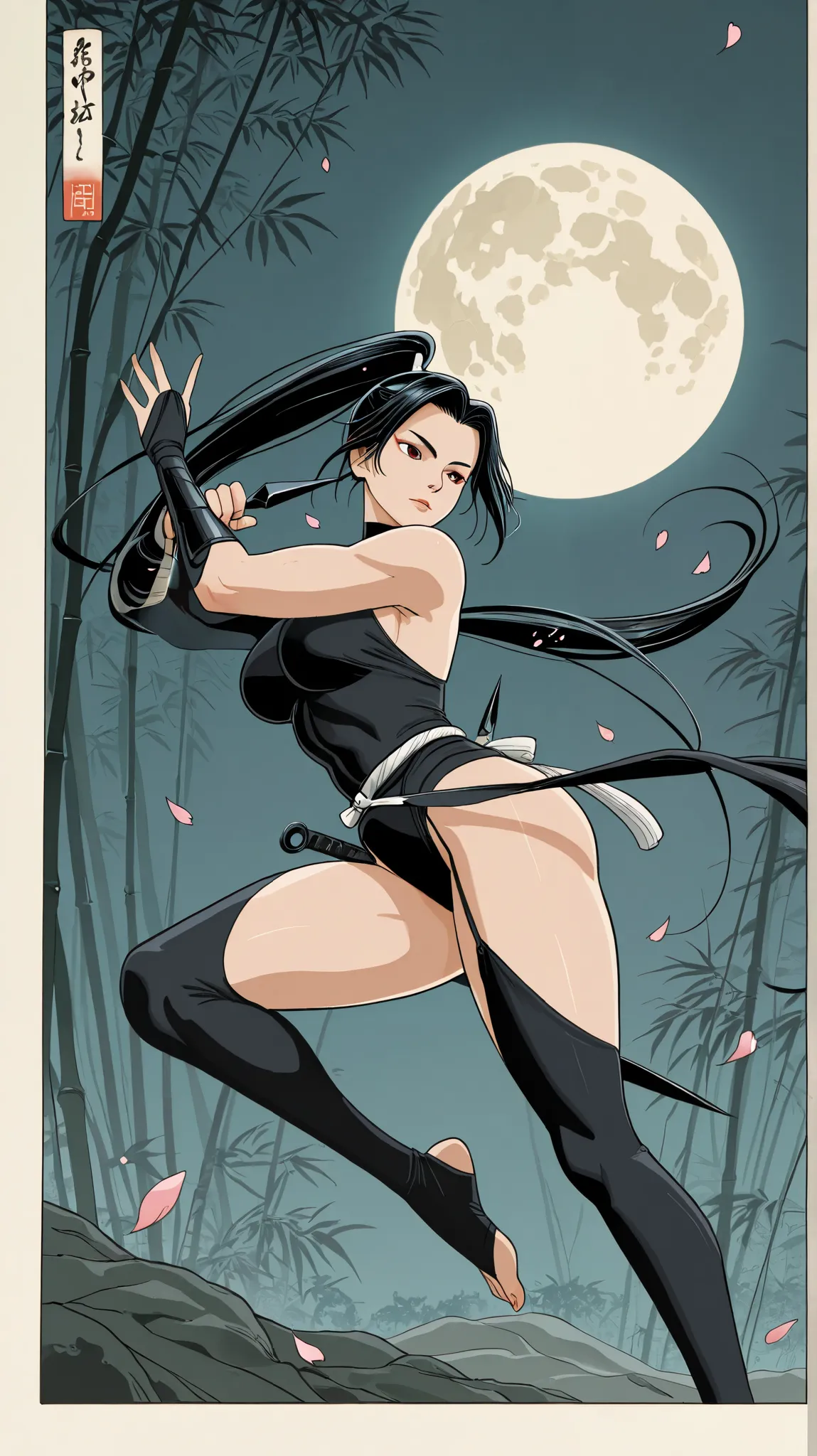 A fierce female ninja in a traditional black shinobi shozoku, tightly fitted to her athletic figure, revealing her toned silhouette. She wields dual kunai in a dynamic mid-air pose, her long black hair flowing behind her. The background depicts a misty bam...