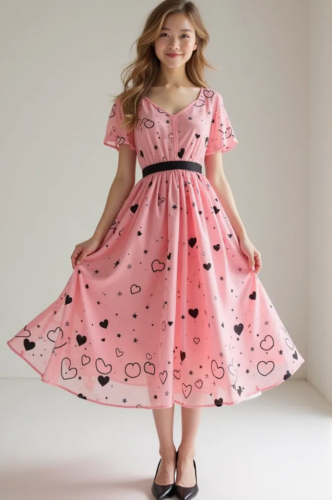 A pink dress with several hearts and stars combined with the colors black and white, wide and with short sleeves 