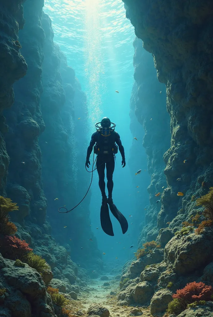 Diver swimming to the bottom of a sea trench with treasure in the background