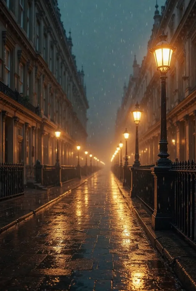 An empty, car-free street at night in London 1888 with yellow lamp posts raining on wet ground