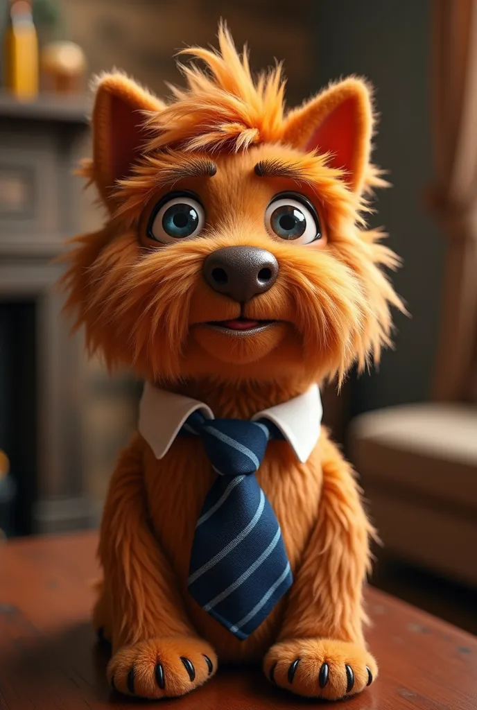 a yorkshire muppet puppet doll wearing a tie