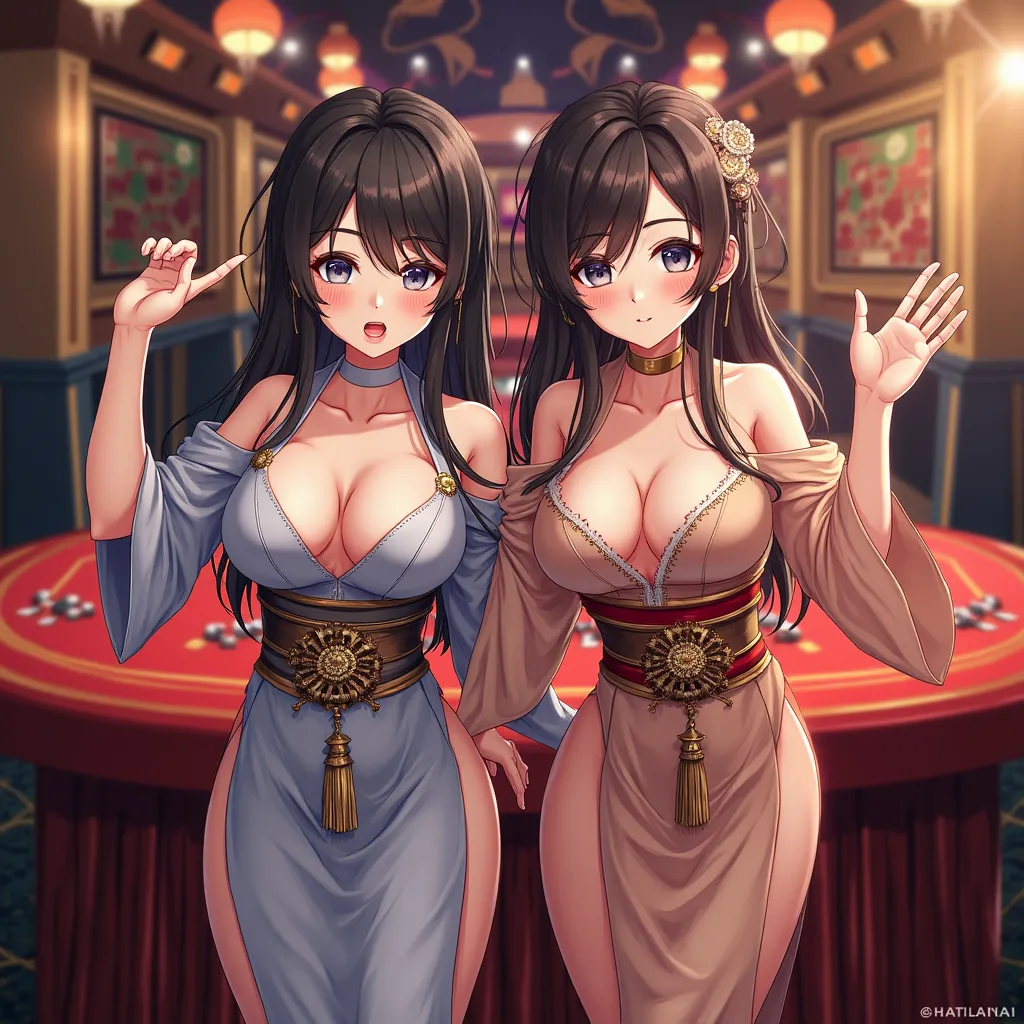 flyer that says "INFO PENTING, BONUS CASHBACK & ROLLINGAN DI BAGIKAN HARI SELASA" , flyer have two thailand realistic anime girl standing and teasing in left and right, have big breast cleavage, wearing thailand traditional dress, casino background