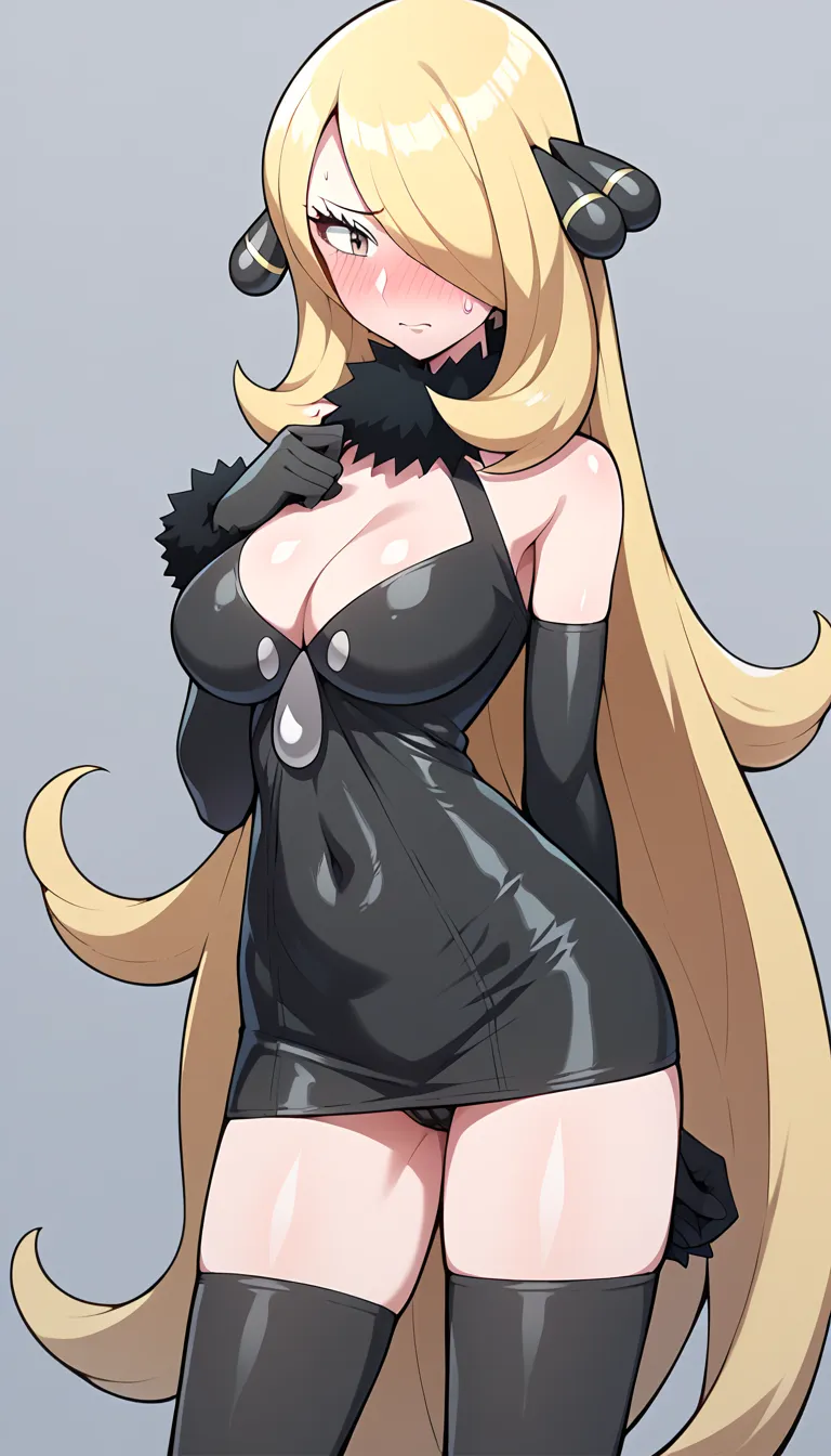 1girl, cynthia \(pokemon\), blonde hair, hair over one eye, very long hair, grey eyes, eyelashes, hair ornament, large breasts, red face, red face, embarrassed, Ashamed, blush, bodycon, shiny dress, clothing cutout, elbow gloves, microskirt, o-ring