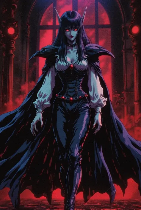 woman, fair skin, gothic makeup, vampire, red eyes, voluminous black hair, pointy ears, look of superiority, walking in a luxurious castle, countess, long-sleeved white blouse with low-cut details and ruffles, black leather corset, black leather cape, blac...