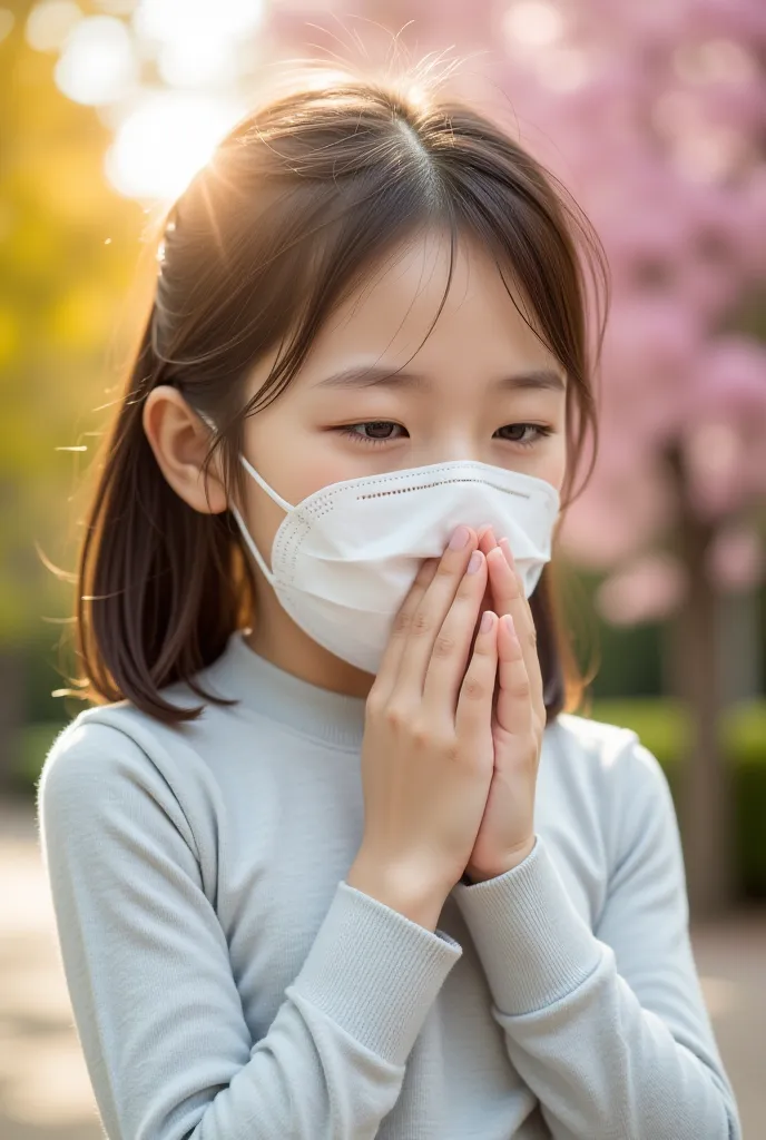 A girl sneezes due to fine dust even though the weather is sunny in spring
I'm wearing a mask

high quality,4K,highest resolution, 걸작,portrait,realistic,Photo Live-action,HDR,ultra high definition, Studio Lighting ,extreme detail,Professional level,bright ...