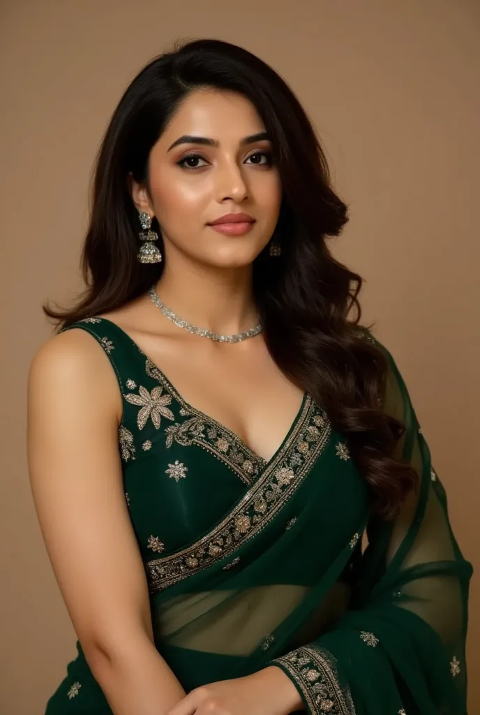 She's wearing a deep forest green, sheer saree, made of a smooth, flowing fabric. The saree features intricate, small glittering embellishments. A delicate silver necklace adds elegance to her attire,showing clevage by leaning front,downblouse,deep clevage...