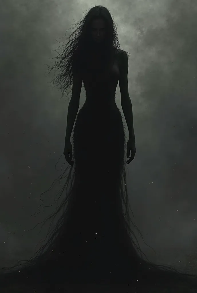 A blacked out silhouette of a female titan with long, disheveled hair and a very thin frame