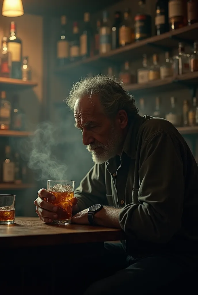 A man drinking in a bar, sad sitting at the bar 