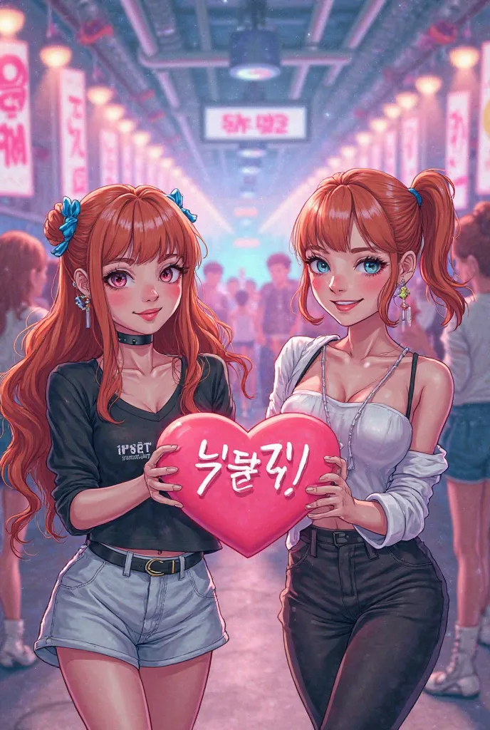 Create an anime-style illustration that captures the Korean adolescent aesthetic. The scene should feature KPOP singer Jennie and Rosé in a vibrant dance venue, with a background that suggests movement and a lively atmosphere. in the center of the image, i...