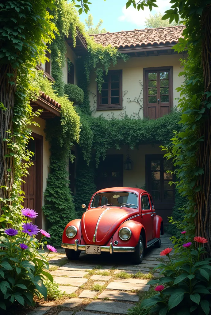 creates a landscape that is the courtyard of a house,with lots of green and tall wild plants such as vines ,It has purple floripondia,and an old red fusca ,that is realistic 