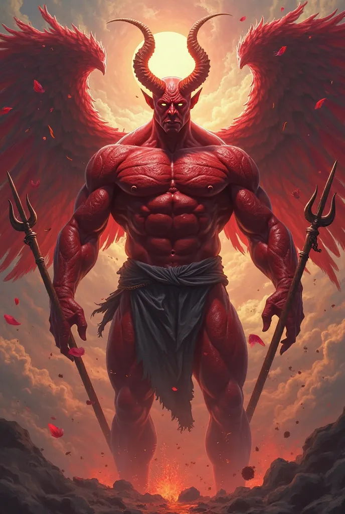 angel lucifer, male bodybuilder red skin, wide open pectorals,  trident petals in hand, background clouds and sunset