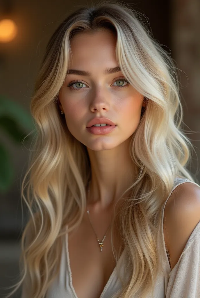 A hyper-realistic AI-generated portrait of a slim woman with long, wavy blonde hair, greenish-brown eyes, fair skin, and medium-sized lips. She has a mystical and modern aesthetic, wearing subtle makeup that enhances her natural beauty. The background is s...