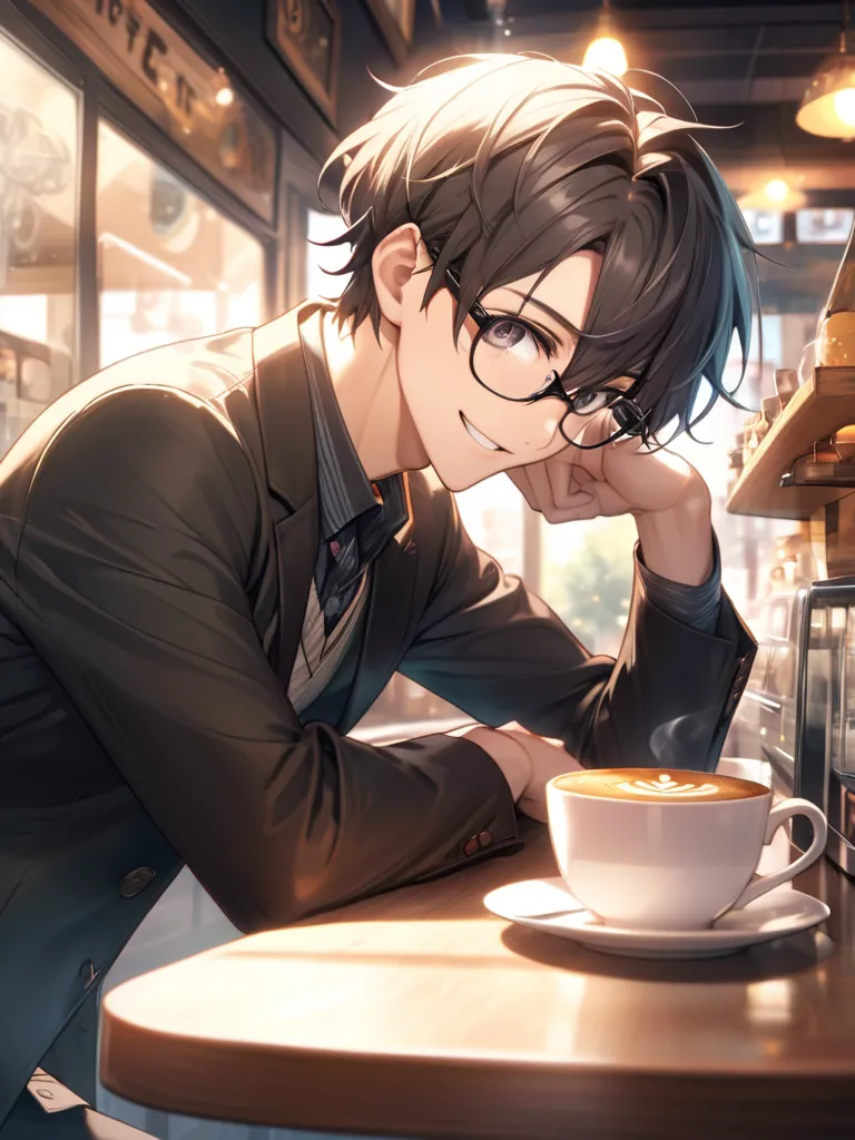 wearing glasses, Magical moments,  bright and charming eyes, dark eyes,( dynamic shot from the side:1.1,  Glance Shot ), He smiles a little and looks at this,Cafe