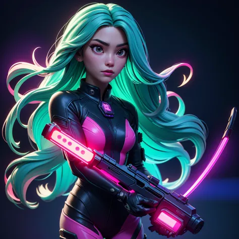 japanese girl, green long hair, magenta techwear with blue glowing lights strip, holding red cyber shotgun weapon with pink glow, hyper-detailed, intricate, cinematic lighting, highly complex, photorealistic, 8k, sharp focus, physically-based rendering, ma...