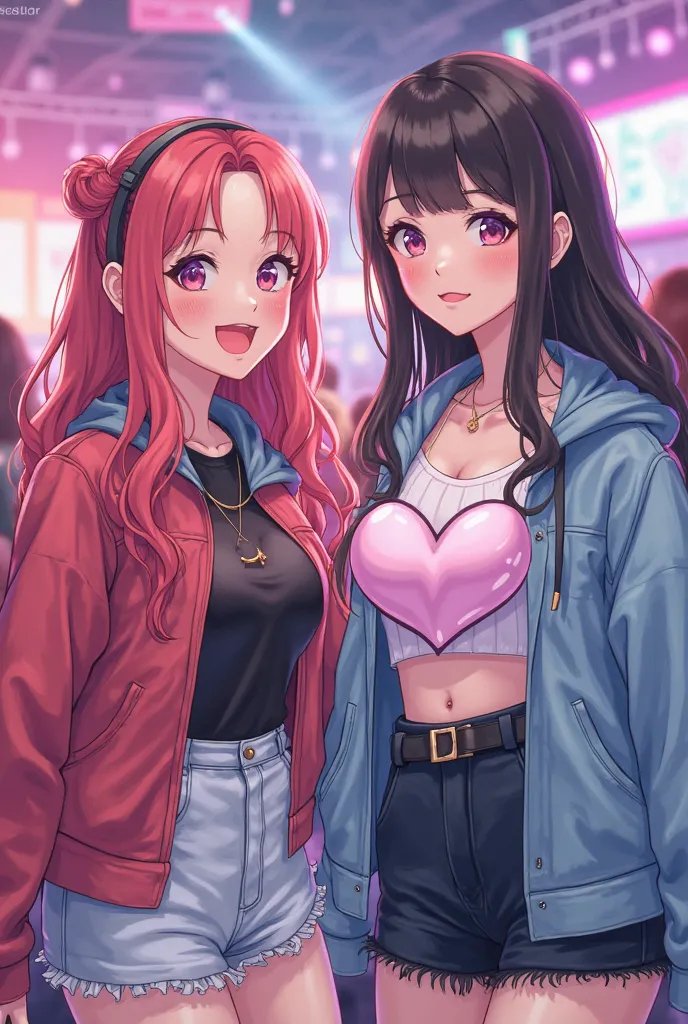 Create an anime-style illustration that captures the Korean adolescent aesthetic. The scene should feature KPOP singer Jennie and Rosé in a vibrant dance venue, with a background that suggests movement and a lively atmosphere. in the center of the image, i...