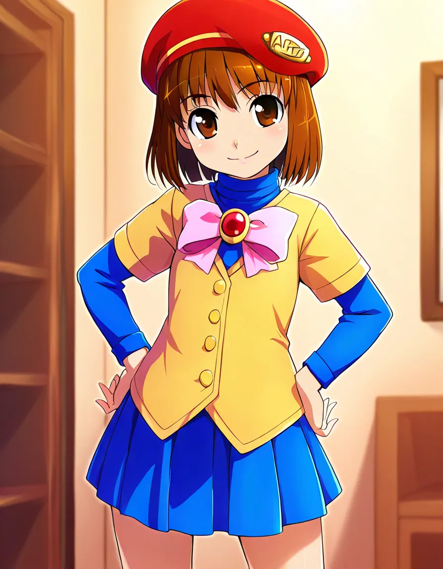 PuyoArleYD,1girl,solo,brown hair,brown eyes,vests,red beret, pink bow,blue skirt,buttons,indoors, smile, hands on own hip, masterpiece, best quality, very aesthetic, absurdres,hand