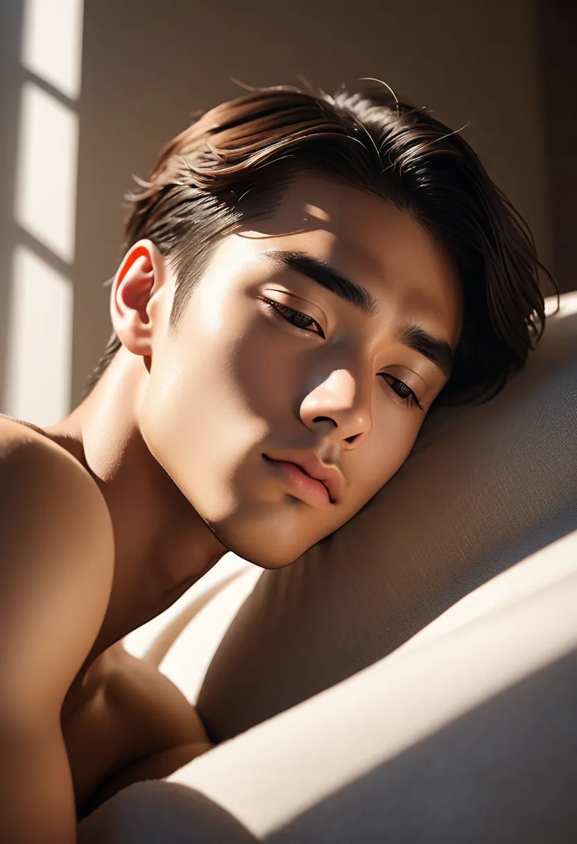 A dreamy, artistic portrait of a young male model with delicate smooth skin, lying on his back in a relaxed and serene posture. His head is tilted slightly to the side, eyes gently closed, and lips slightly parted, evoking a sense of calm and vulnerability...