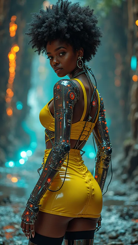 ( AWPortraitFL LoRa V16 ),Hermosa mujer africana negra adolescente cyborg miniskirt yellow leather , has thigh high stockings color black,(cyborg mecánica plastic transparent vidrio yellow, cyborg transparente translúcida circuitos V16) ,cabello rizado afr...