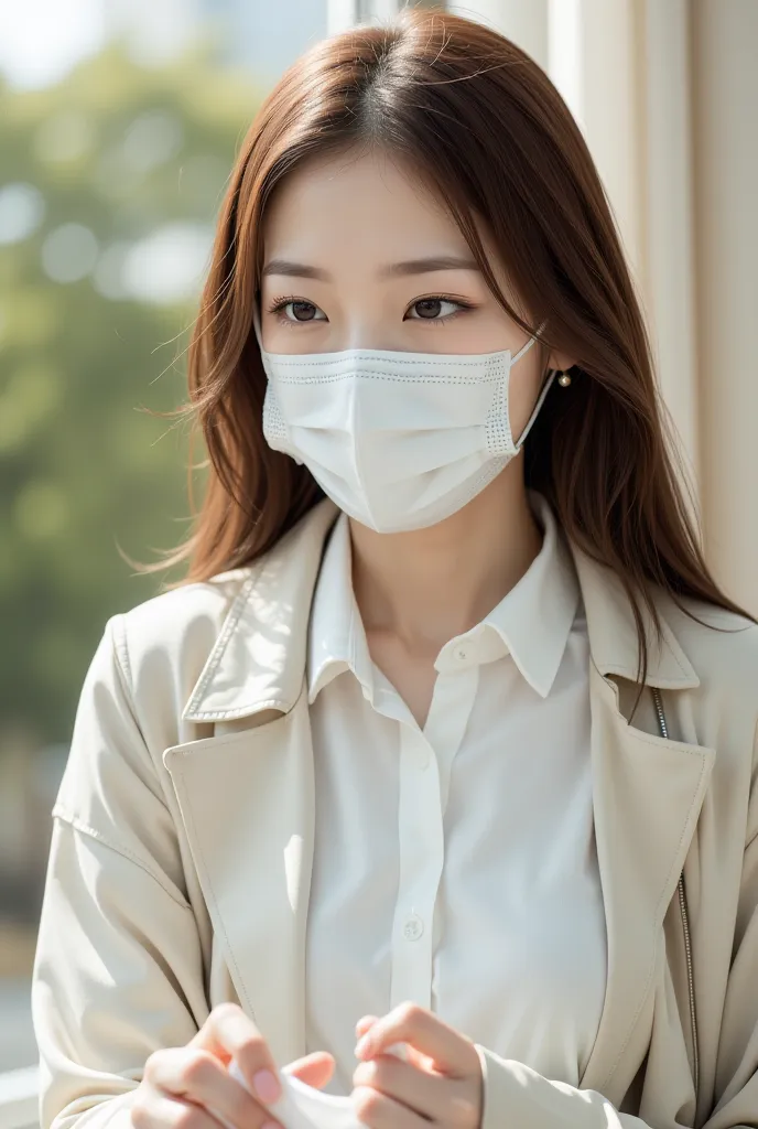 A woman suffering from a cold due to fine dust even though the weather is sunny in spring
Slightly frowned while wearing a mask

high quality,4K,highest resolution, 걸작,portrait,realistic,Photo Live-action,HDR,ultra high definition, Studio Lighting ,extreme...