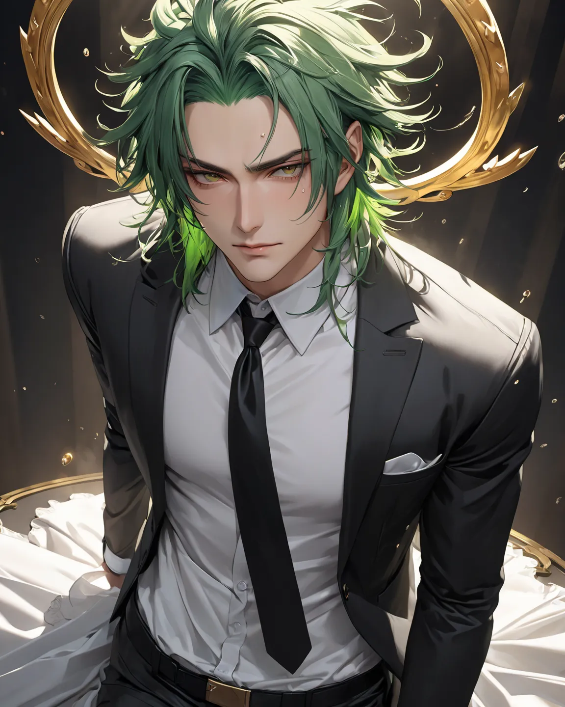 Ultra Realism Ultra realistic, masterpiece, high resolution, HD Model, sex, super detail. 

 1 number,  anime-style male character with vibrant green hair, slightly messy in the anime style, short with threads falling on his forehead. He wears a long white...