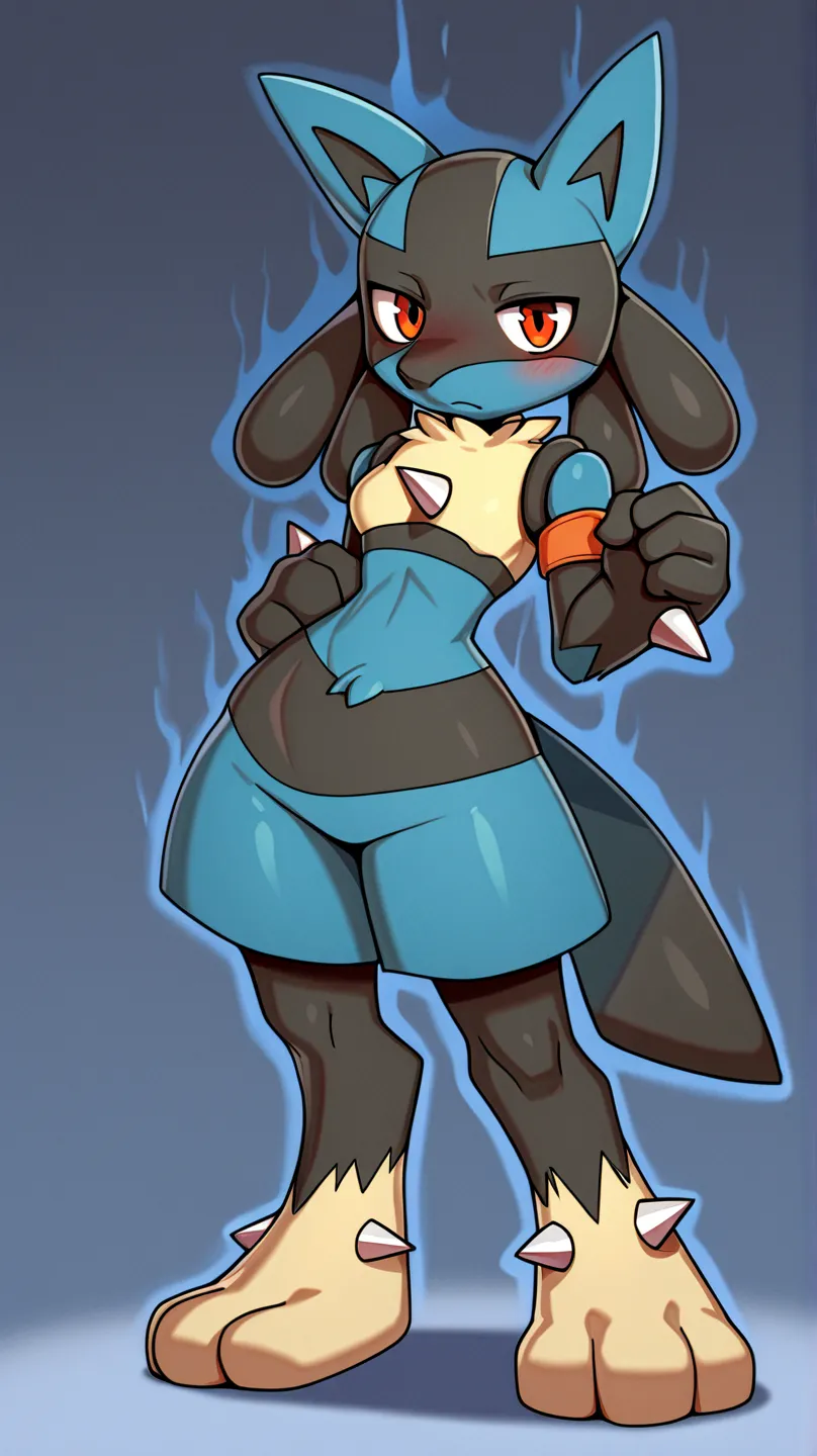 Pokémon Lucario, with anthropomorphic characteristics/humanoid female female, 180 cm tall , slim body with curves and exaggerated proportions: torso 55 inch wide, waist 16 inches wide, hips 66 inches wide and thick thighs 40 inches wide.


All its body is ...