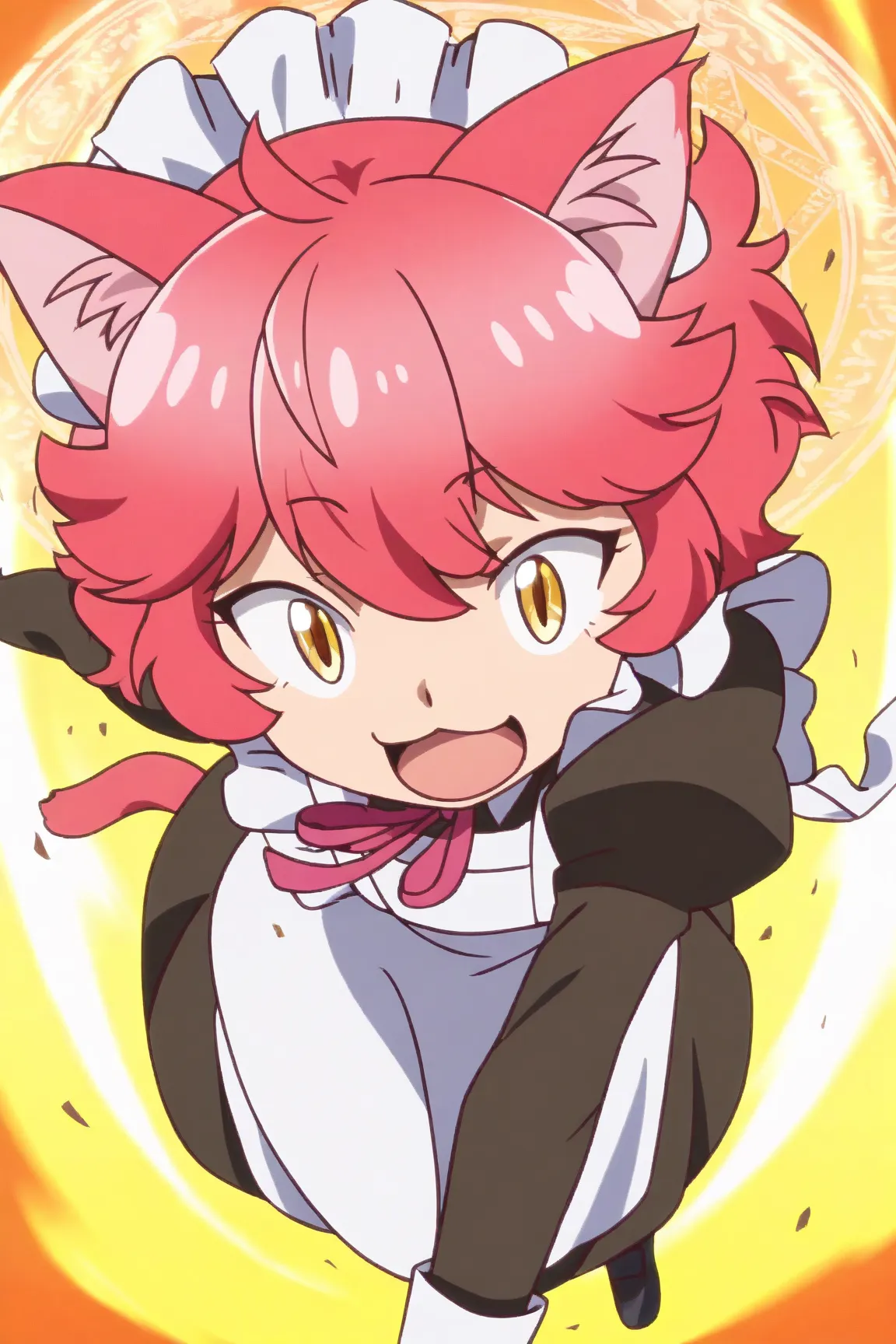 score_9, score_8_up  , score_7_up    
 BREAK 
source_anime
BREAK 
1 girl, josette, cat girl, animal ears, Alone, maid, tail, :3, Open your mouth, maid headdress, apron, cat ears, short hair, yellow eyes, maid apron, red hair, pink hair, juliet sleeves, puf...