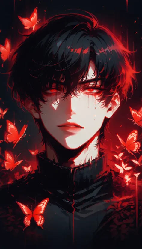 (score_9, score_8_ up), score_7_, cowboy shot, dark atmosphere, Adult male,  black hair,  fluent language  ,  one boy ,  red eyes,  No Emotion , male concentrated, concentrated, flameout , reality , Bust ,  sexy boy ,  bangs over eyes、Downcast eyes、Thin ey...