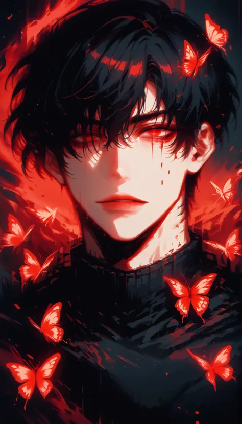 (score_9, score_8_ up), score_7_, cowboy shot, dark atmosphere, Adult male,  black hair,  fluent language  ,  one boy ,  red eyes,  No Emotion , male concentrated, concentrated, flameout , reality , Bust ,  sexy boy ,  bangs over eyes、Downcast eyes、Thin ey...