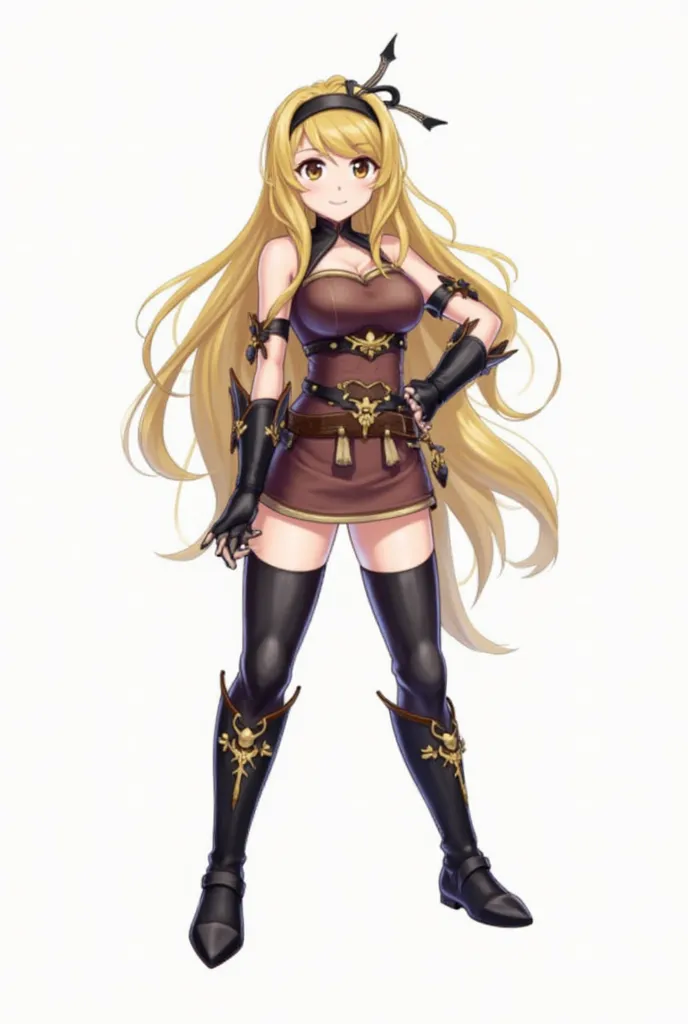 1girl belt black_gloves black_headband black_thighhighs blonde_hair boots bow_(weapon) breasts brigid_(fire_emblem) brigid_(pirate)_(fire_emblem) brown_belt brown_boots brown_eyes cleavage copyright_notice dress fire_emblem fire_emblem:_genealogy_of_the_ho...