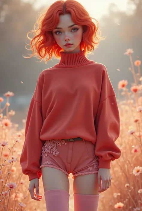 A feminine boy that had a red hair. Wearing a Pink thigh highs a pink miniskirt and a Red Turtleneck sweatshirt