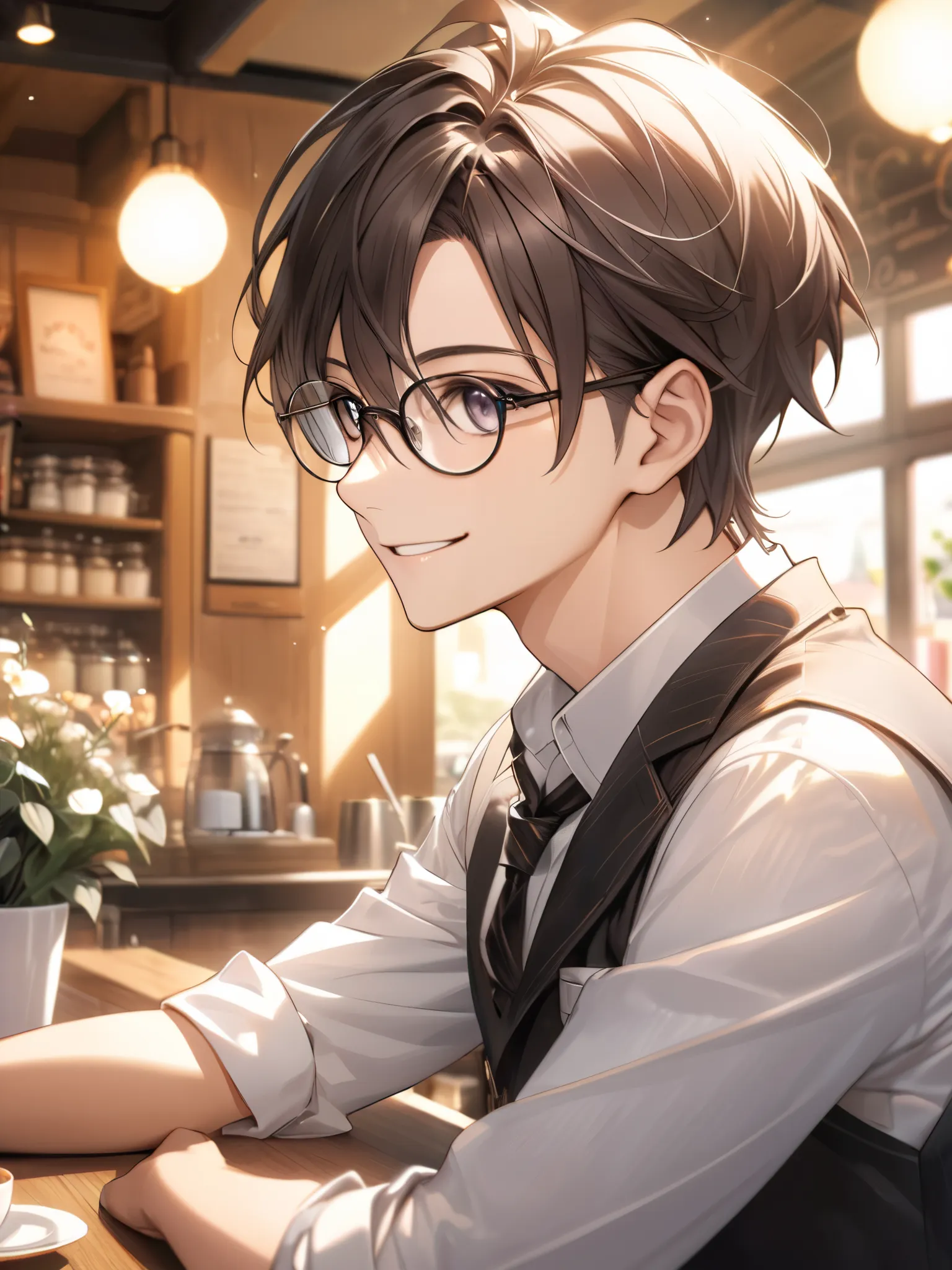 wearing glasses, Magical moments,  bright and charming eyes, dark eyes,( dynamic shot from the side:1.1,  Glance Shot ), He smiles a little and looks at this,Cafe