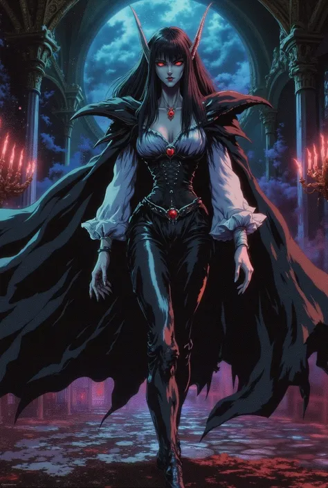 woman, fair skin, gothic makeup, vampire, red eyes, voluminous black hair, pointy ears, look of superiority, walking in a luxurious castle, countess, long-sleeved white blouse with low-cut details and ruffles, black leather corset, black leather cape, blac...