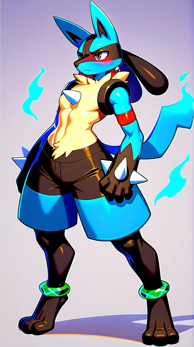 Pokémon Lucario, with anthropomorphic characteristics/humanoid female female, 180 cm tall , slim body with curves and exaggerated proportions: torso 55 inch wide, waist 16 inches wide, hips 66 inches wide and thick thighs 40 inches wide.


All its body is ...