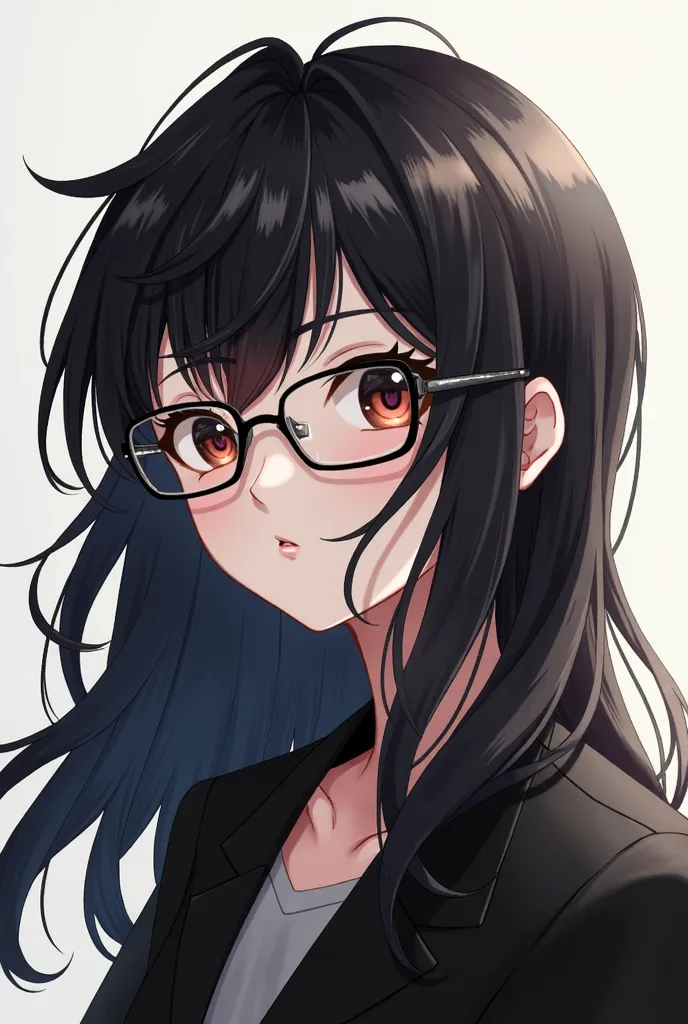 Create an avatar of a girl with glasses with long black hair with the Woulf Cout cut who is looking straight ahead and looks like a teacher