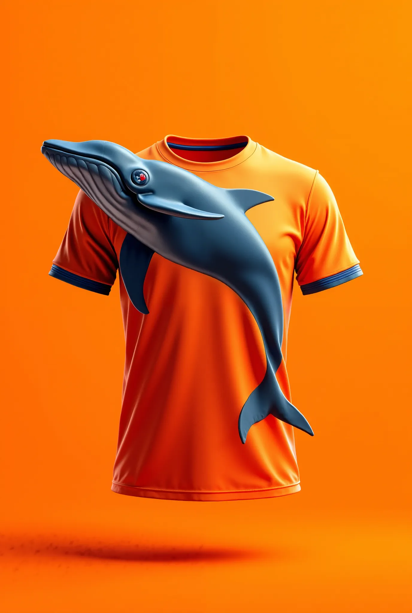 Orange soccer team t-shirt with muscle whale design with three-d effect