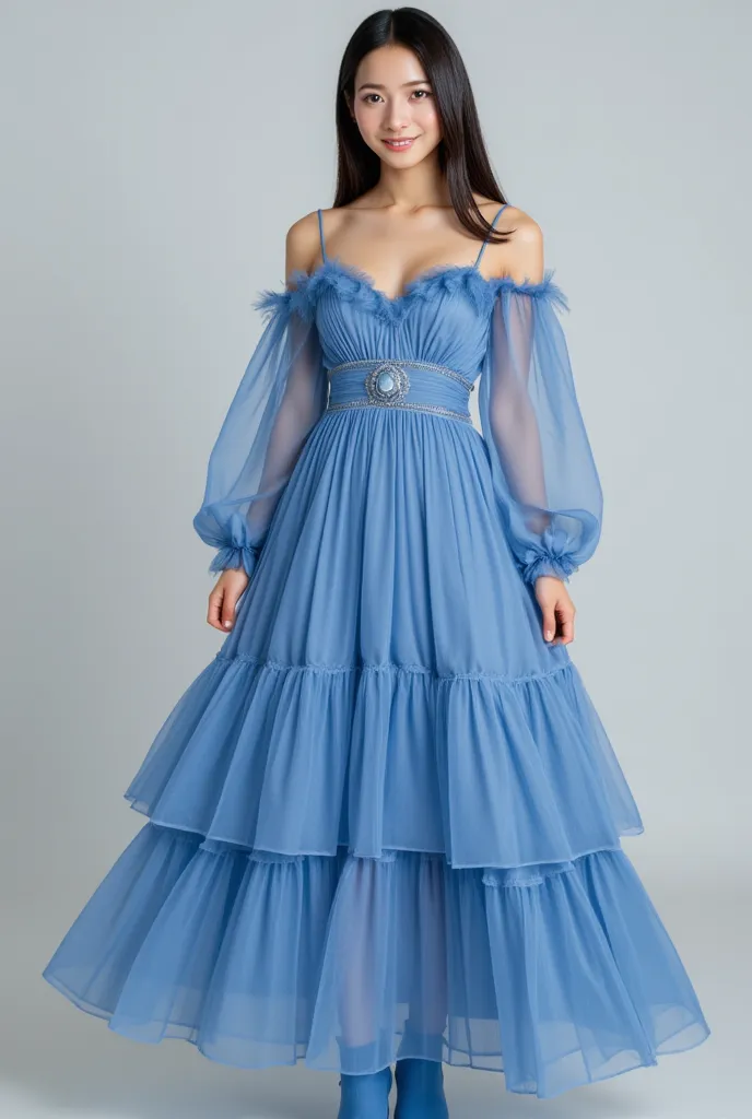 Photorealistic, 8k, a young woman, sleek straight black hair. Dark brown eyes exude warmth and confidence, her smile radiating charm.

She wears an elegant blue layered dress with intricate detailing, designed with a sheer, ruffled overlay along the should...