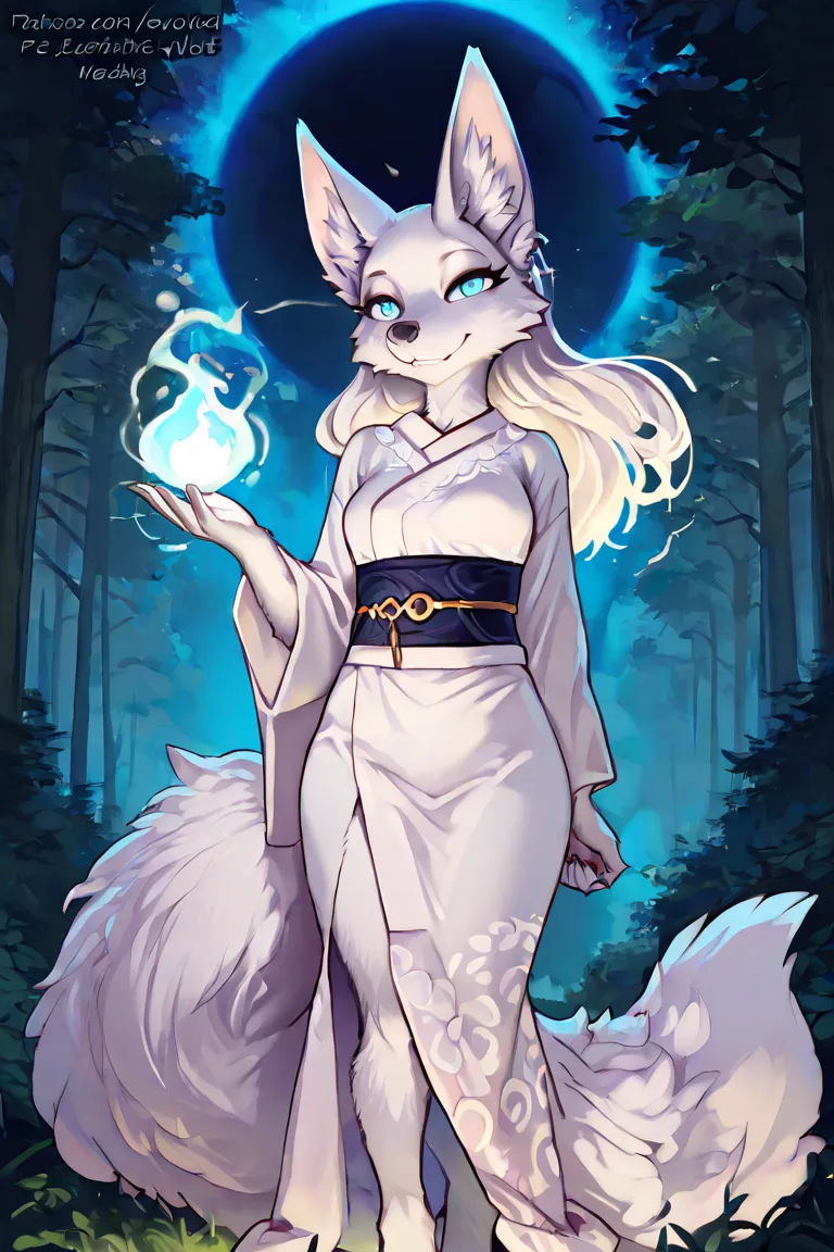 An anthropomorphic kitsune with a majestic appearance with features closer to a fox. Her fur is fluffy and of a shade (choose:  pure white, intense reddish, mystical silver, etc.), with bright details on the tip of the tail and ears. Her eyes reflect ancie...