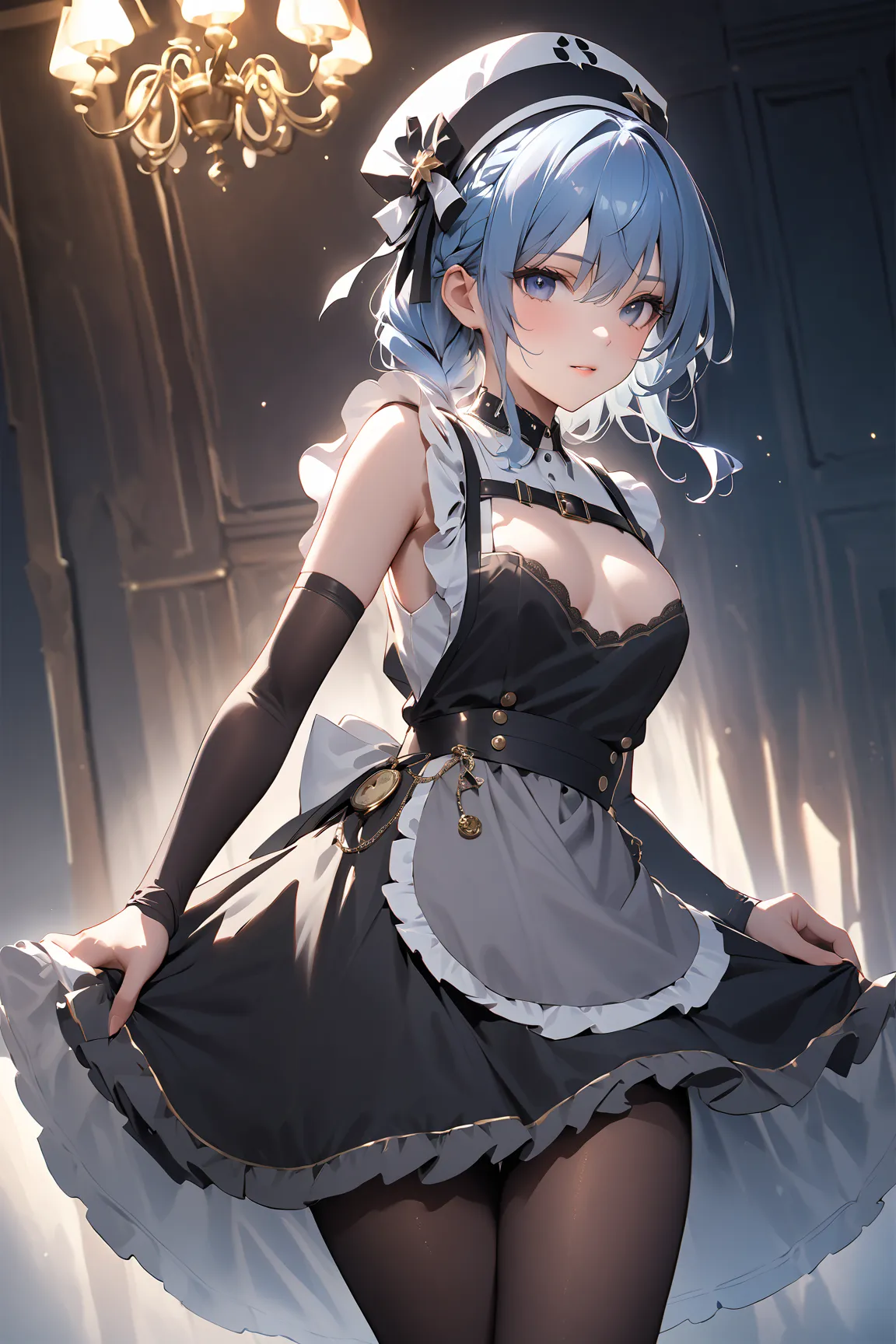 SuiseiMaid, long hair, single braid, black nurse cap, double-breasted grey apron, chest belt, elbow gloves, crinoline, black pantyhose, small breasts, 
one girl,  Compatible with first-person perspective , (masterpiece:1.3),   High Resolution,     Tall Ver...