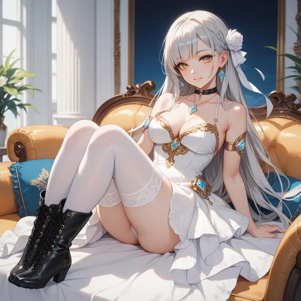 a beautiful tall girl with ash-colored silver hair and golden eyes. She wears a gracefully long white dress that her knees the dress has black edges and highlights, she is wearing white stockings, she is wearing wearing black choker with White gem in it. S...