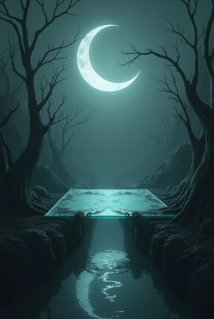 litle moon on a slab of glass, that separating old dying forest, dirt, darkness,bent branches hitting the surface from underneath, 