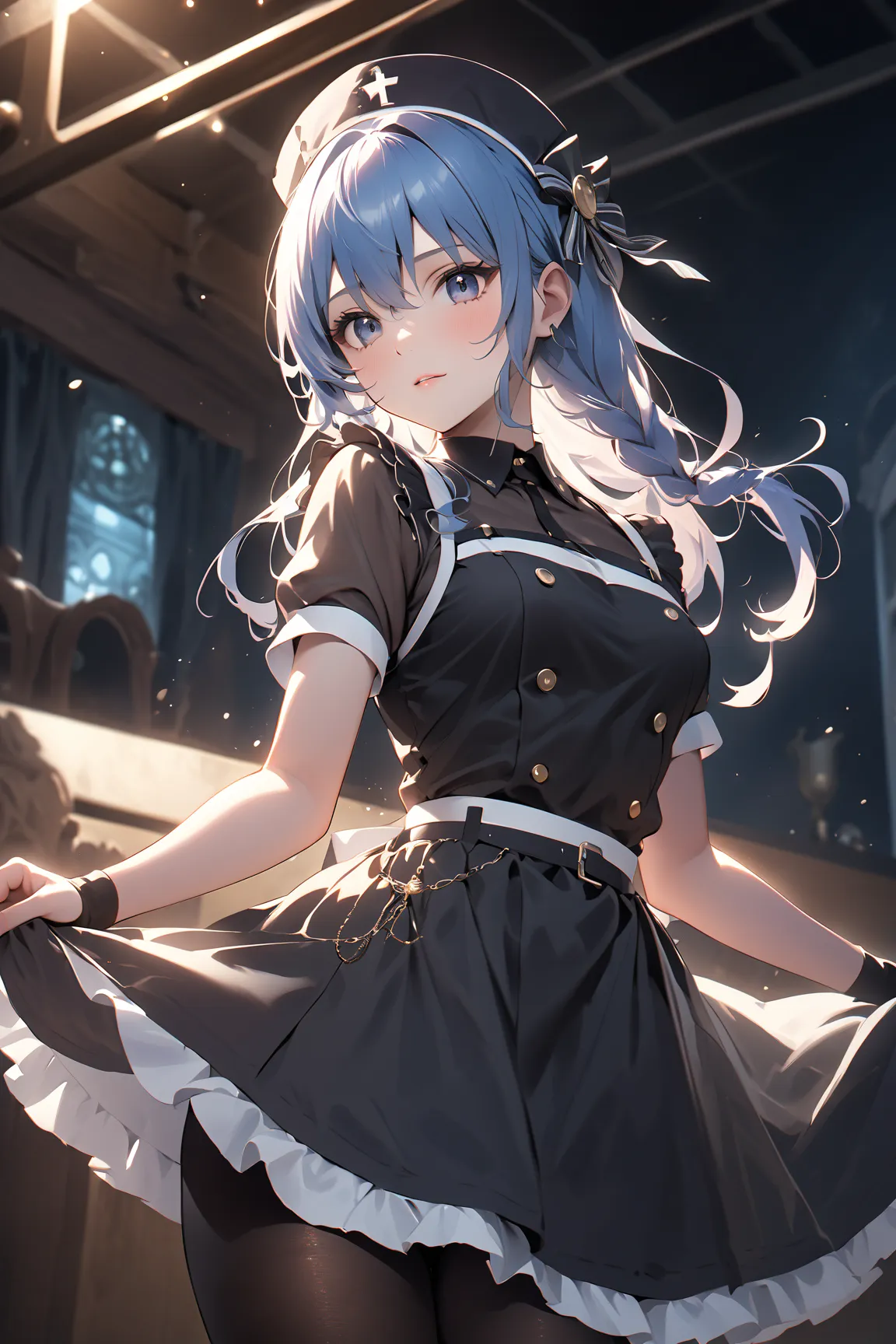 SuiseiMaid, long hair, single braid, black nurse cap, double-breasted grey apron, chest belt, elbow gloves, crinoline, black pantyhose, small breasts, 
one girl,  Compatible with first-person perspective , (masterpiece:1.3),   High Resolution,     Tall Ver...