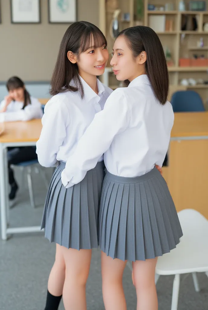  two girls in a school classroom,school uniform, Grey Pleated Micro Mini Skirt,white shirt, white panties ,showing  white panties ,,bungs,smile slightly,thighs,Knee,share, shortcuts, Low Ponytail,viewers,( small hips:1.2,slender body, Read more)