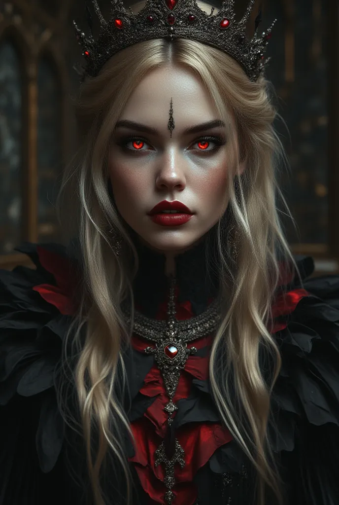 absurdres, ((stunning female Vampire))), goth Renaissance, (long blonde hair:1.erfect and detailed angular sharp oval shaped face, angry face, ((redeyes)), jewelry, red and black tetradic colors, full lips, gothic castle background, (solo), perfect anatomy...