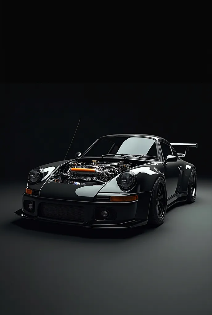 create me an image of a black porshe 911 with hood open, on a black background