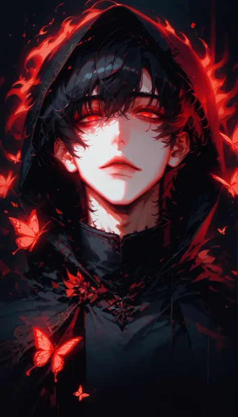 (score_9, score_8_ up), score_7_, cowboy shot, dark atmosphere, Adult male,  black hair,  black robe with hood ,  one boy ,  red eyes,  No Emotion , reality , Bust ,  sexy boy ,  bangs over eyes、Downcast eyes、Thin eyebrows,  short hair,  ((red butterflies,...