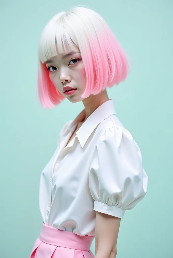 arafed woman with pink hair and a white shirt and skirt, a picture inspired by Yanjun Cheng, tumblr, aestheticism, with short hair, with short bobbed white hair, very pale, in pastel colors, pale woman, in pastel shades, puff sleeves, muted cyberpunk style...